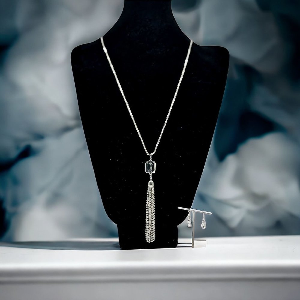 Silvertone Tassel Necklace and Pierced Earrings Set